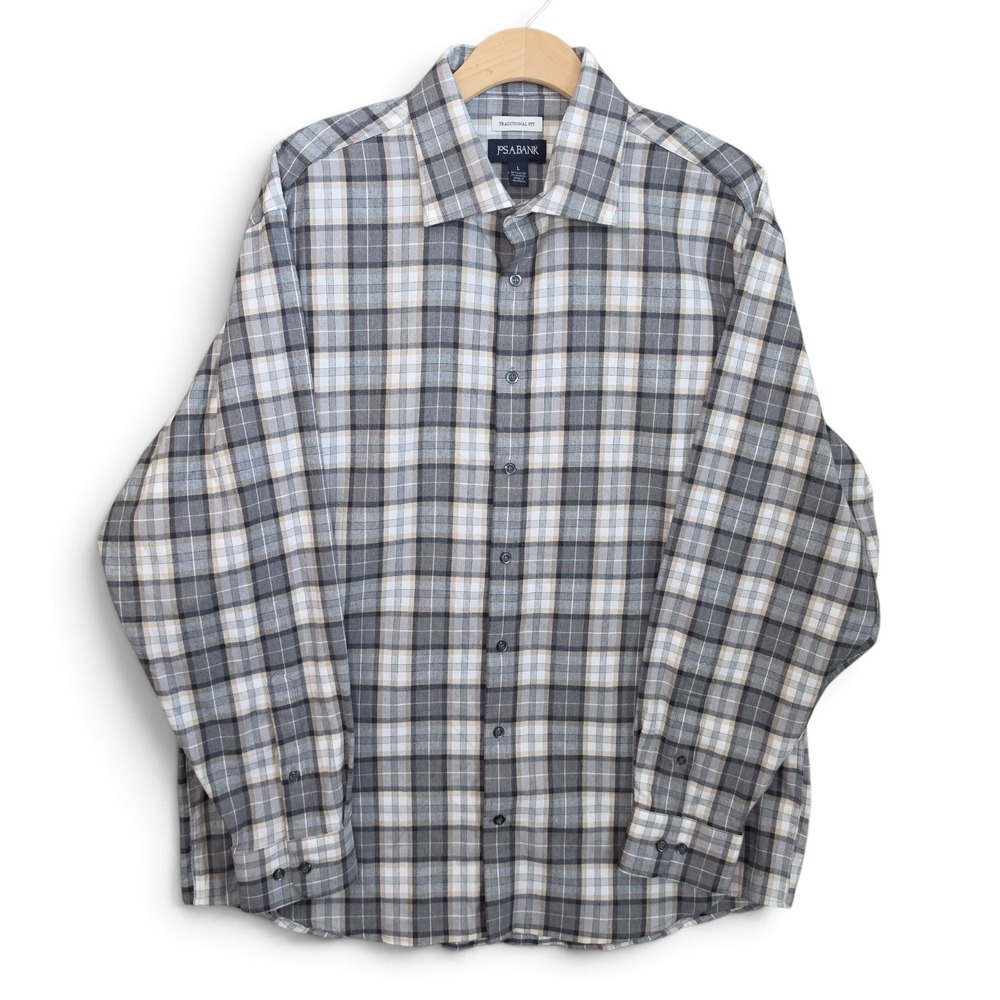 Jos A Bank Shirt Mens Large Plaid Long Sleeve Stretch Traditional Fit Gray Beige